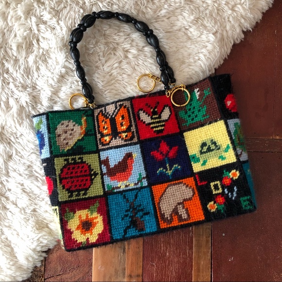 Vintage Handbags - Vintage | Handmade Stitched Yarn Tote Bag